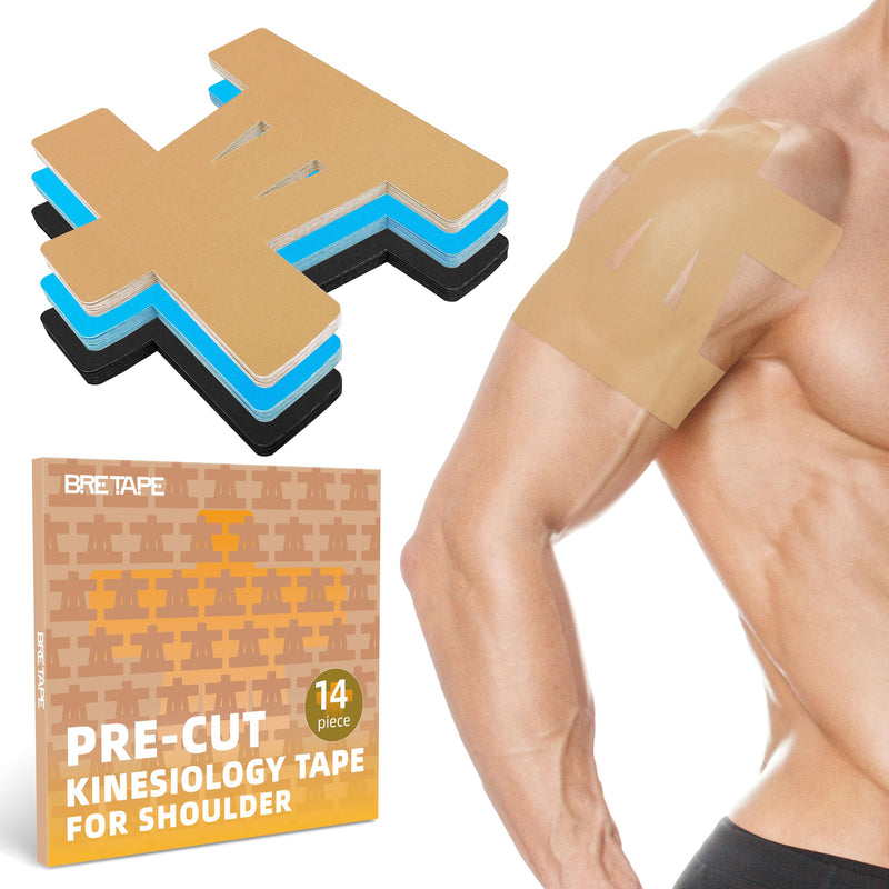 Precut Kinesiology Tape for Shoulder – 14 PCS Elastic Shoulder Support Tape, Waterproof & Breathable, Hypoallergenic Sports Tape for Pain Relief, Beige 14pcs
