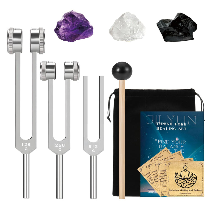 [Australia] - Tuning Forks for Healing Set with Crystals - 128Hz, 256Hz, 512Hz for Sound Healing, Meditation Accessories & Yoga, Include Obsidian, Amethyst, Clear Quartz, Gift Box Silvery 