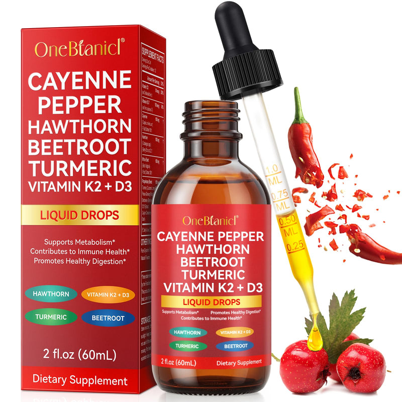 [Australia] - Cayenne Pepper Drops Supplement Liquid 60ml Herbal Supplements Cayenne Pepper Hawthorn Beet Root Turmeric Curcumin, Vitamin K2 & D3 Extract Organic 