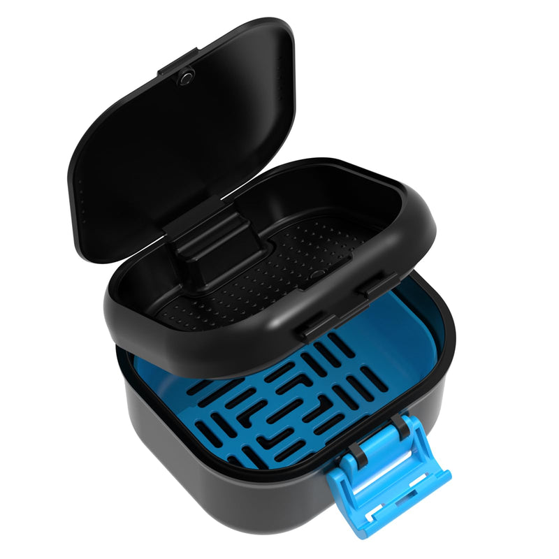 Denture Cup Leak Proof, Travel Denture Case for Soaking Dentures & Retainer, Retainer Cleaner Case, Upgraded Double-Layer False Teeth Container with Strainer, Black+Blue.