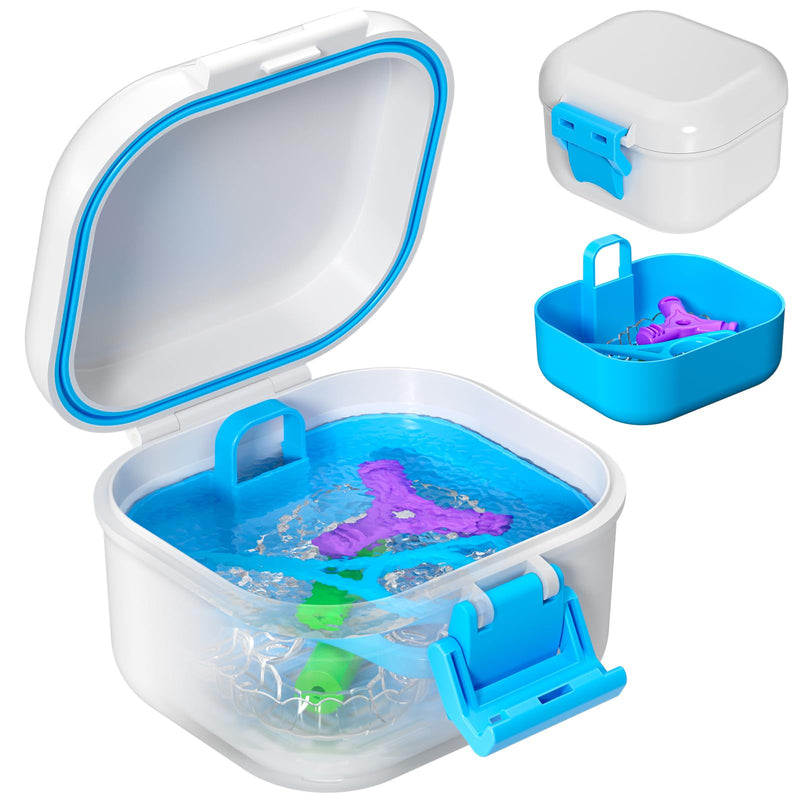 [Australia] - Leak Proof Denture Cup, Travel Denture Holder Case for Soaking Dentures, Portable False Teeth Container with Strainer, Retainer Cleaner Case, White + Blue. 