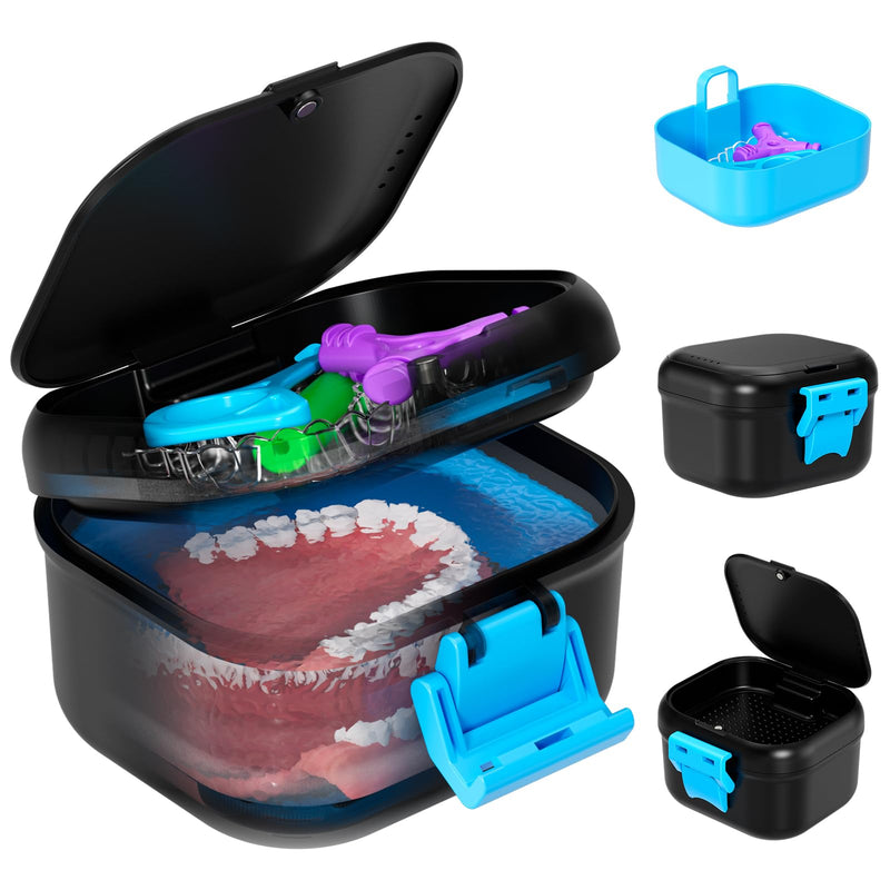 Leak Proof Denture Cup, Travel Denture Case for Soaking Dentures & Retainer, Retainer Cleaner Case, Upgraded Double-Layer False Teeth Container with Strainer, Black+Blue.