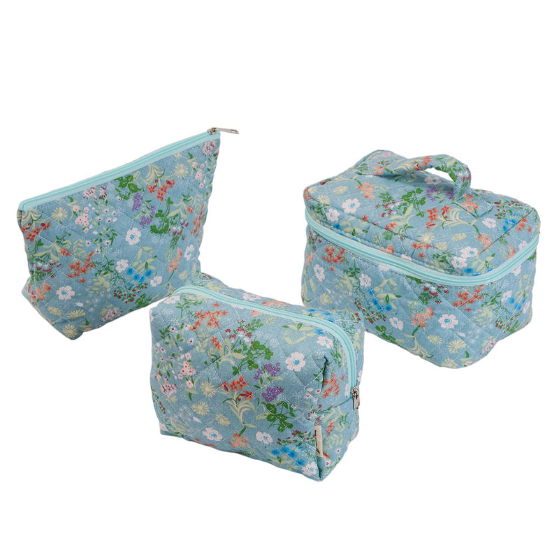 Wildflower Floral Quilted Cotton Cosmetic Zipper Pouch, Large Capacity Makeup Accessories Storage Bag for Women Girls, Aesthetic Coquette Travel Toiletry Organizer (Set of 3) Wildflower Floral
