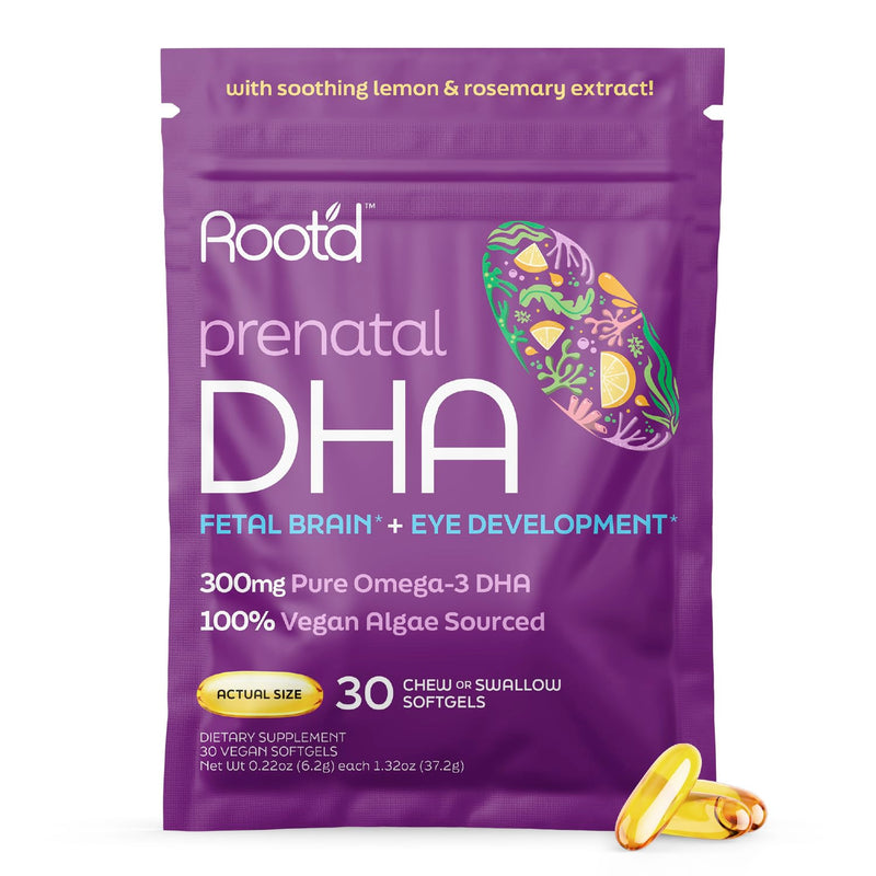 [Australia] - Root'd Prenatal DHA - 300mg Pure Vegan Omega-3 DHA from Algal Oil, Plant-Based Prenatal Supplement for Pregnancy, Fetal Brain & Eye Development, Non-GMO, Lemon & Rosemary Flavor, 30 Softgels 
