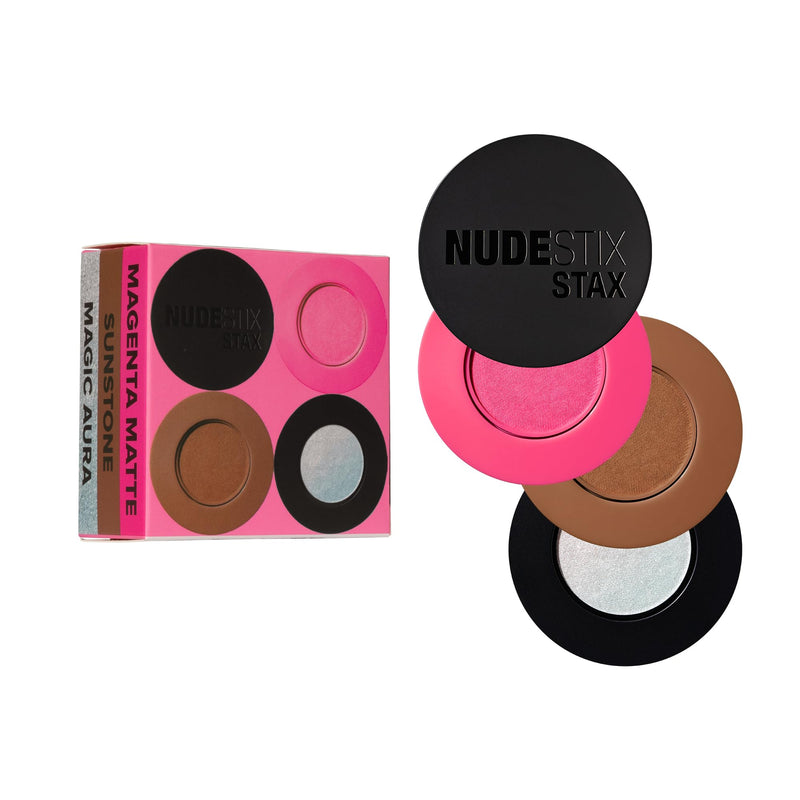 [Australia] - Nudestix Sunpink Glow STAX Set – 3-Piece Cream Blush & Highlighter Sticks for Cheeks, Lips & Eyes | Includes Sunstone, Magenta Matte & Magic Aura | Multi-Use, Stackable, Vegan Makeup Set 