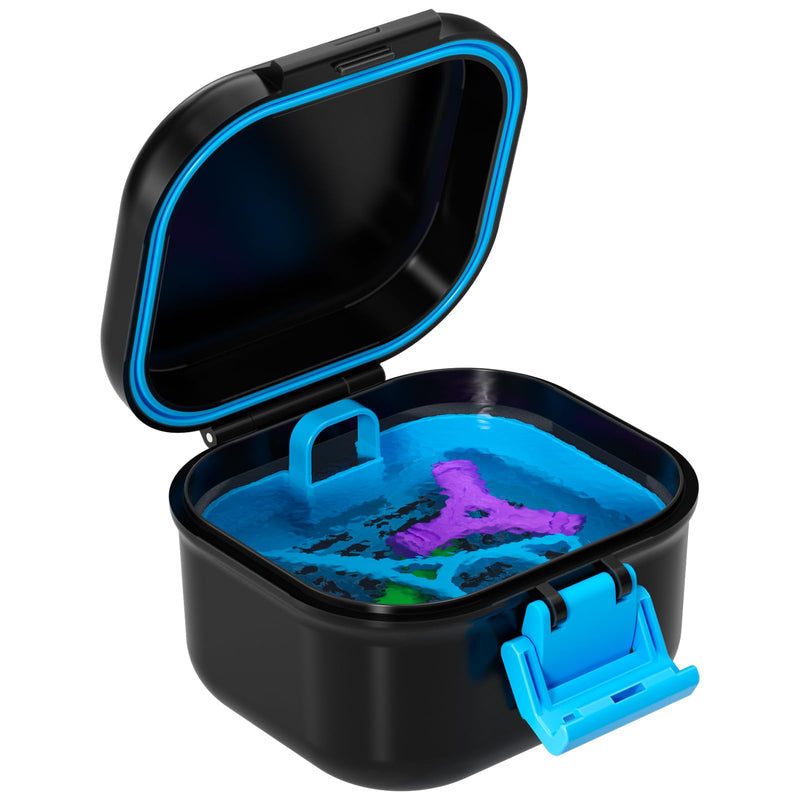 [Australia] - Leak Proof Denture Case, Travel Denture Cup for Soaking Dentures, Portable False Teeth Container, Retainer Cleaner Case, Black+Blue. 