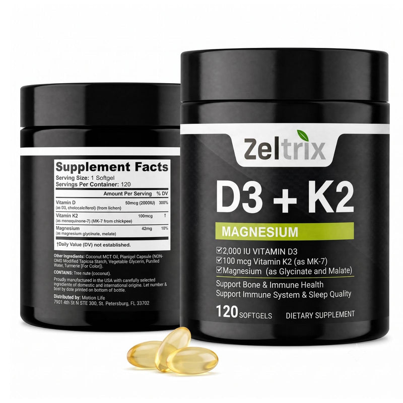 Vitamin D3 + K2 with Magnesium 2000iu (100mcg) MK-7 Glycinate & Malate Supplement 120 Softgels w/Coconut Oil 120 Count (Pack of 1)