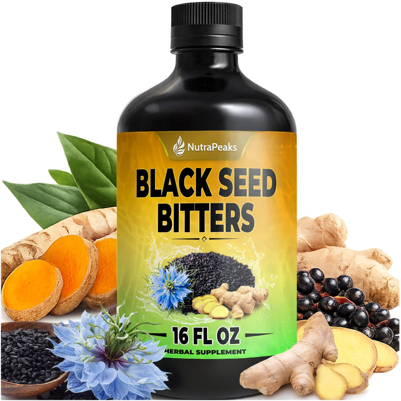 Black Seed Oil Bitters Liquid - Premium Herbal Blend with Black Seed Extract, Curcumin (Turmeric Extract), Ashwagandha, Elderberry, Probiotics, Vitamin C, Zinc...16 fl oz | Natural Botanical Blend Black Seed Bitters 16 Fl Oz (Pack of 1)