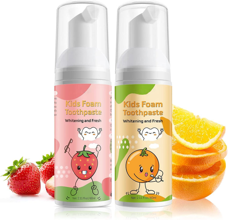 [Australia] - Foam Toothpaste Kids,Toddler Toothpaste with Low Fluoride & Natural Formula to Reduce Plaque, Kids Toothpaste for U Shaped Toothbrush for Children Ages 3 Plus (120 ML, Orange & Strawberry) 1.06 Fl Oz (Pack of 2) 