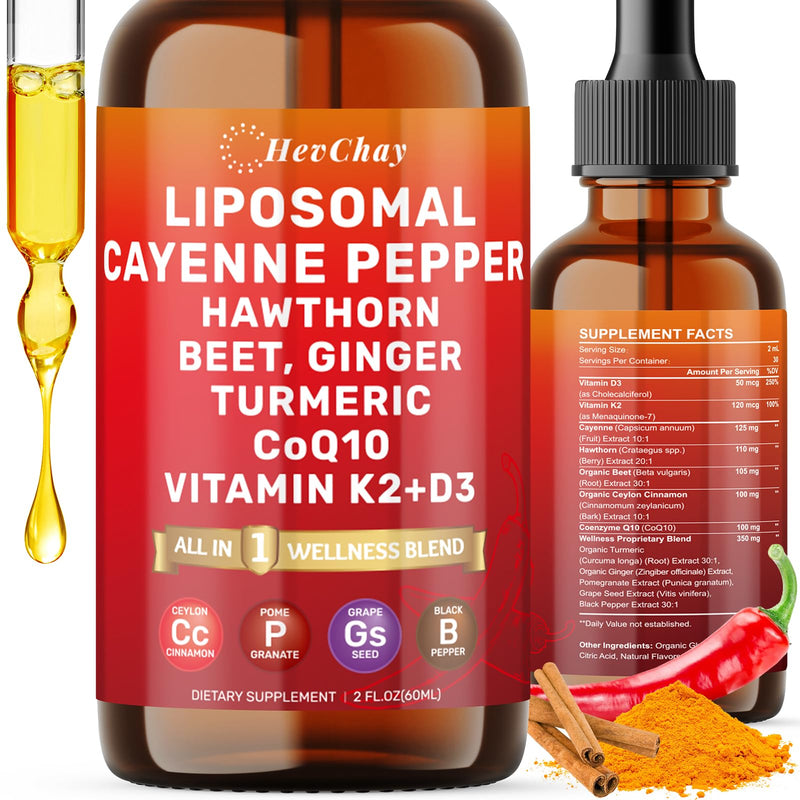 [Australia] - Cayenne Pepper Drops Liposomal Supplement Liquid + Hawthorn Berry, Vitamin D3 K2 Beet Root Powder, Ceylon Cinnamon, CoQ10, Turmeric Curcumin, Cayenne Pepper Extract - 2oz 2 Fl Oz (Pack of 1) 