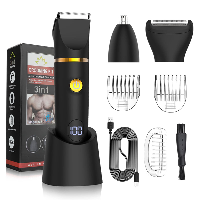 Manscape Body Trimmer for Men, 3 in 1 Men's Grooming Kit with Pubic/Nose Hair Trimmer & Ball Shaver for Nose/Balls/Groin/Legs/Chest Hair Removal, LED Display, IPX6 Waterproof, Gifts for Him Dad Black