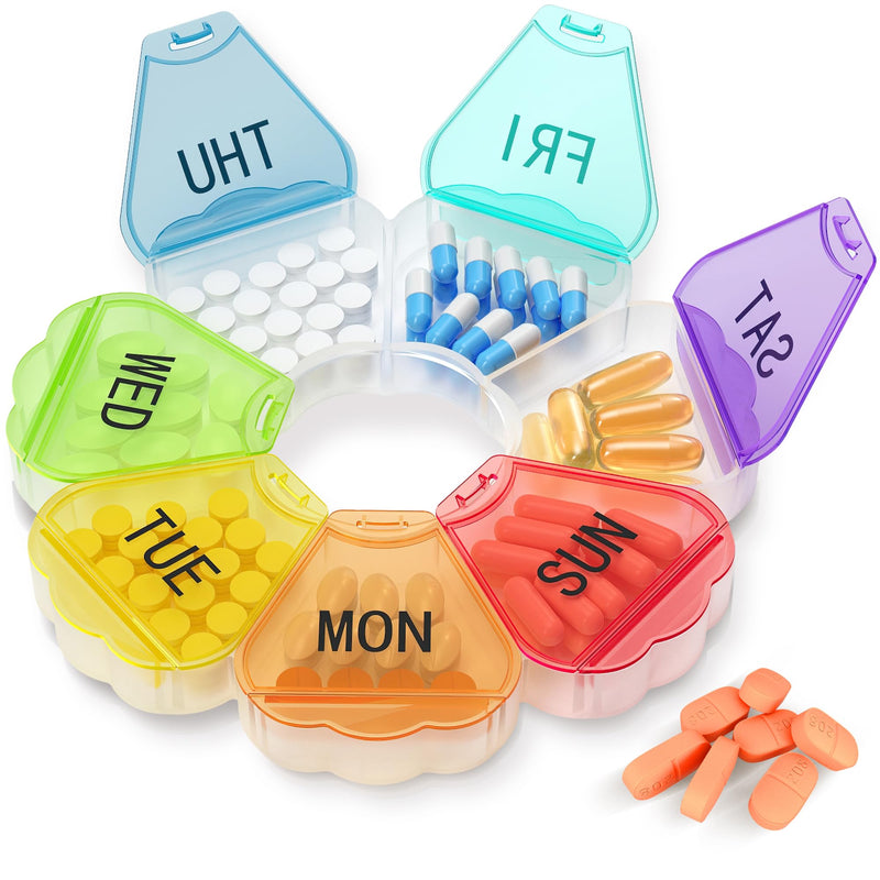 Enlarged Weekly Pill Organizer 7 Day, Daily Pill Box with Never Faded Etched 3D Date Labels, Travel Pill Case with Large Compartment for Medication, Vitamin, Fish Oil, Supplements(Rainbow) Rainbow