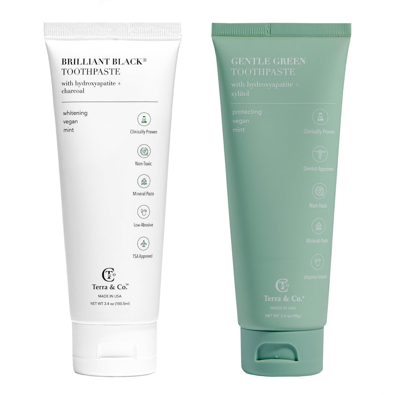 [Australia] - Terra & Co. Toothpaste Combo - Brilliant Black & Gentle Green Formulas for Sensitive Teeth - US-Made - Natural, Vegan, Remineralizing Micro-Hydroxyapatite - Fluoride-Free & SLS-Free - Mint, 3.4 Oz 