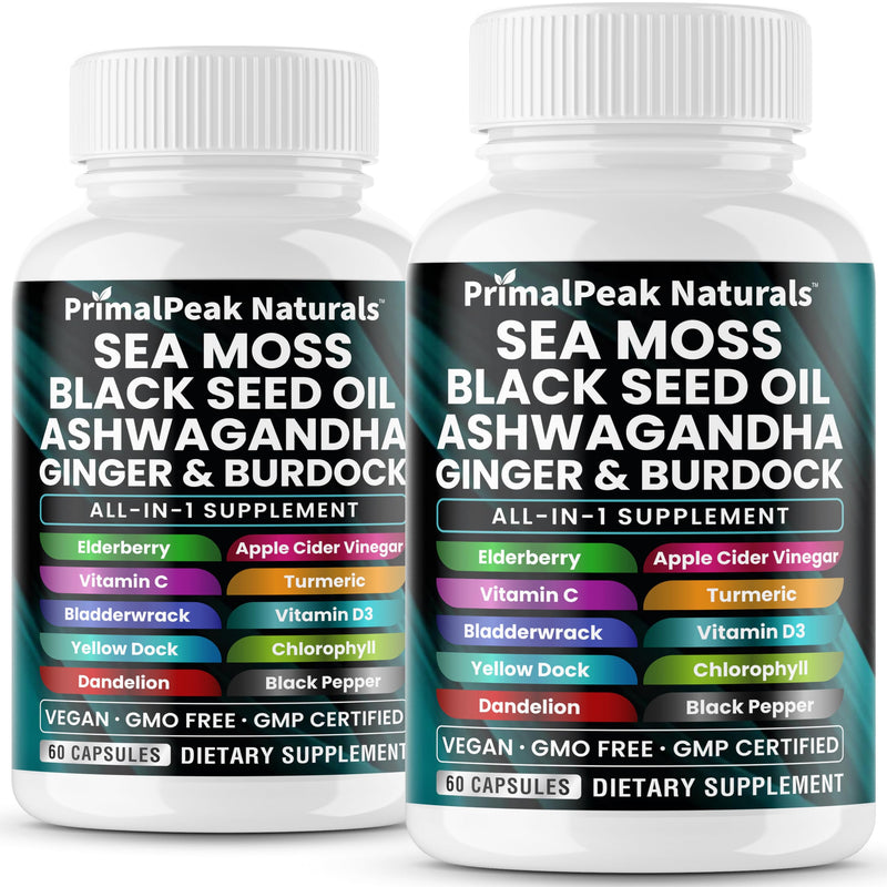 Sea Moss Black Seed Oil Ashwagandha Ginger Burdock Bladderwrack Turmeric & Vitamin C Vitamin D3 with ACV Elderberry Chlorophyll Dandelion Yellow Dock Vegan Capsules - 120 Count 60 Count (Pack of 2)