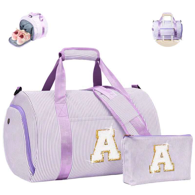 Birthday Gifts for 9 Years Old Girl, Girls Travel Duffle Bag, Gift | Teen Girl Gifts, Dance Bag for Girls, Kids Overnight Bags with Shoe Compartment & Makeup Pouch, Initial Gym Bag (Letter A) Purple
