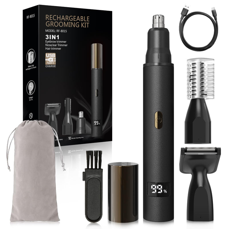 3-in-1 Nose Hair Trimmer for Men & Women – Electric Ear and Nose Hair Trimmer, Eyebrow Trimmer, USB-C Rechargeable Facial Hair Removal Device, Stainless Steel Blades, Digital LED Display