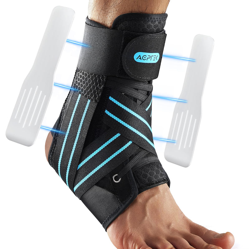 [Australia] - AGPTEK Ankle Brace for Women Men, Adjustable Lace-Up Ankle Support with Removable Splints for Sprained Ankle, Injury Recovery, Ankle Stabilizer Wrap for Basketball Volleyball Sports, Blue, M Medium 