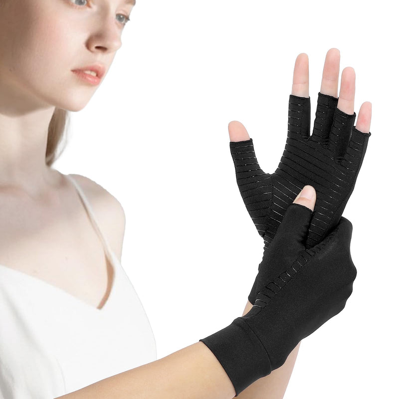 Compression Arthritis Gloves for Women and Men,Copper Infused Black Fingerless Gloves-Grip Design Breathable Comfort. Small 1