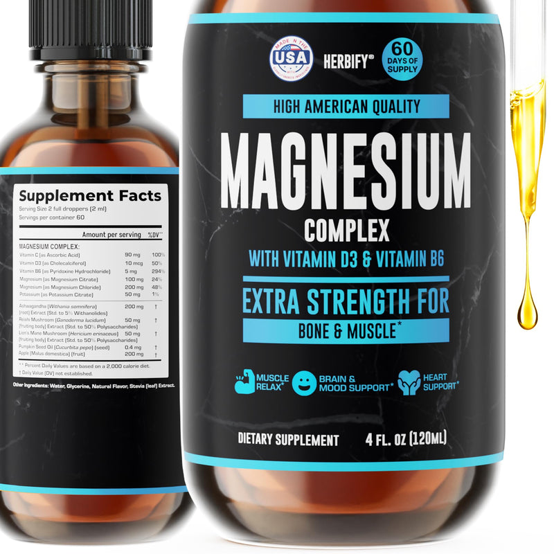 Magnesium Complex Drops - Magnesium Citrate Liquid Complex with Vitamin D Vitamin B6 Vitamin C - Potassium Supplement for Muscle, Mood, Heart & Nerve Support - Made in USA - 4 Oz