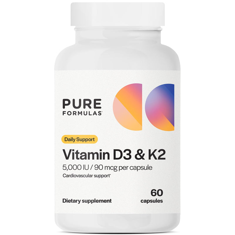 PureFormulas Vitamin D3 K2 Supplement, 5000 Iu Vitamin D3 and 90 mcg Vitamin K2, Supports Bone Strength, Calcium Balance, Heart Health, Gluten-Free & Non-GMO, 60 Capsules for Optimal Wellness