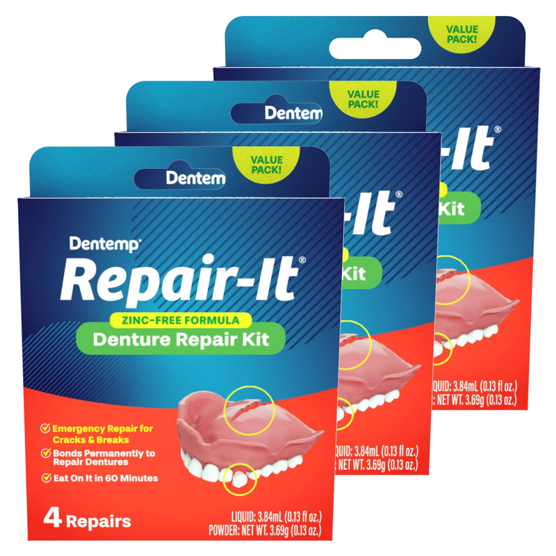 Dentemp Repair Kit - Repair-It Advanced Formula Denture Repair Kit - Repairs Broken Dentures, Mends Cracks and Replace Loose Teeth (2 Pack (12 Count)) Pack of 3 (12 Repairs)