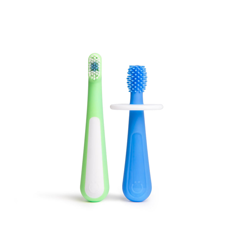 Ubbi Grow with Me Toothbrush Training Set for Babies and Toddlers, Includes One 360° Food-Grade Platinum Silicone and One Soft Bristled Toothbrush, Polaris Blue and Zest Green Grow With Me Toothbrush Set, Polaris & Zest