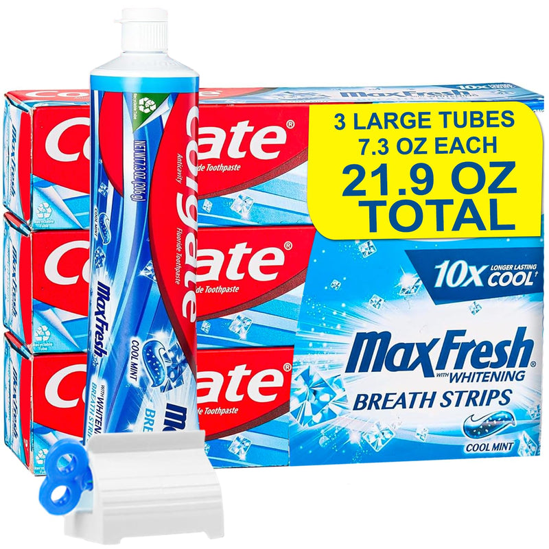 [Australia] - Max Toothpaste with Mini Breath Strips, Cool Mint 3 Large Tubes of 7.3 oz (Total 21.9 oz) Whitening, Fluoride Cavity Protection, Long-Lasting Fresh Breath Bonus Toothpaste Squeezer 7.3 Ounce (Pack of 3) 