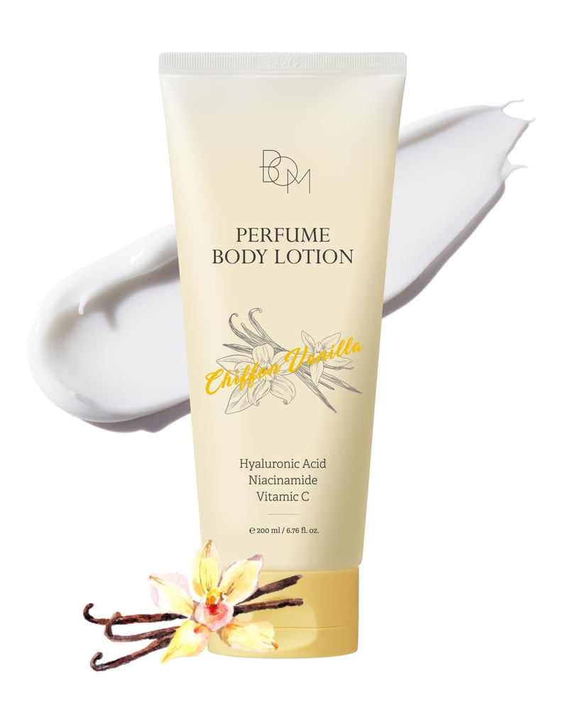 BOM Chiffon Vanilla Perfume Body Lotion 6.76 Fl Oz, Vanilla Scented Body Cream with Hyaluronic Acid, Niacinamide & Vitamin C, Long-Lasting Moisture & Fragrance, Non-Sticky & Smoothing, Korean Skincare
