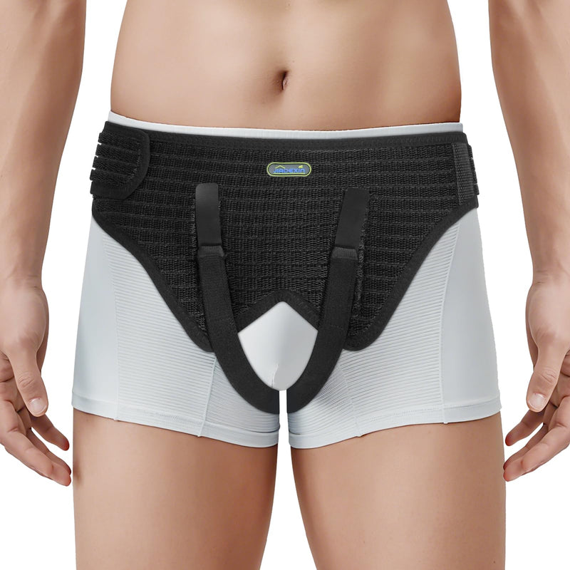 [Australia] - Hernia Belt for Men & Women,Immobilization Straps for Single/Double Inguinal or Sports Hernias,Pain Relief and Adjustable,with 4 Removable Compression Pads, Black, M 