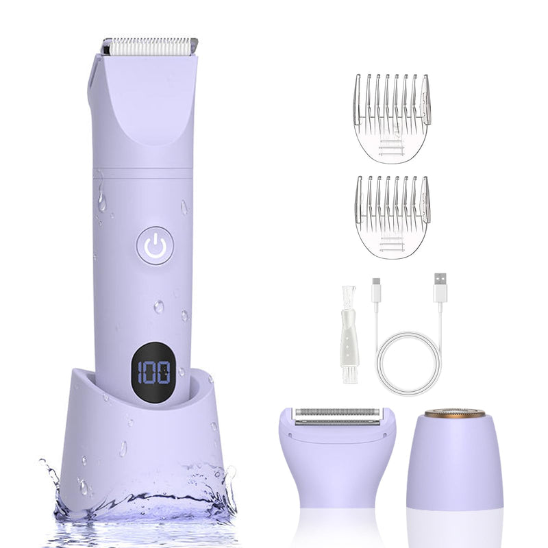 [Australia] - 3-in-1 Bikini Trimmer for Women, IPX7 Waterproof Electric Shaver for Women-Rechargeable Electric Razors for Pubic, Facial & Body Hair Trimmer with LED Display, Travel Kit & Painless Blades (Purple) Purple 