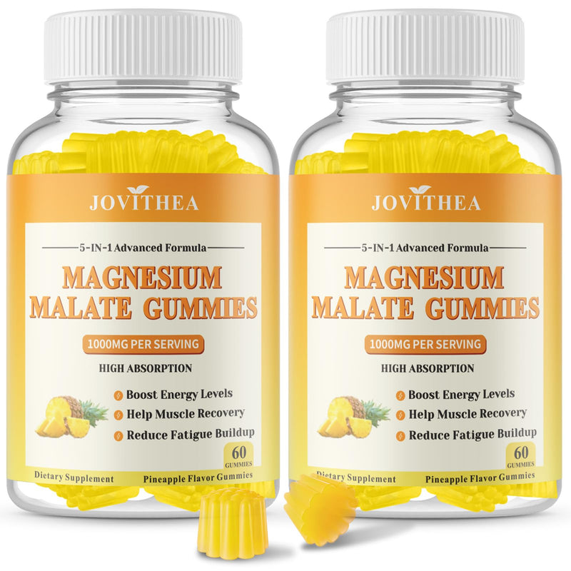 2 Pack Magnesium Malate Gummies 1000mg, High Absorption Magnesium Supplements for Adults & Kids, with L-Theanine, CoQ10 & Vitamin B6, Support Energy Production, Muscle Function, Non-GMO, Vegan, 120Ct 60 Count (Pack of 2)