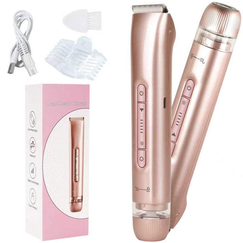 Bikini Trimmer for Women,2 in 1 Dual Head Womens Electric Shaver, Electric Razors for Pubic Hair, IPX7 Waterproof Rechargeable Facial Hair Removal for Shaving Underarm Leg Arm Body Face(Gold)
