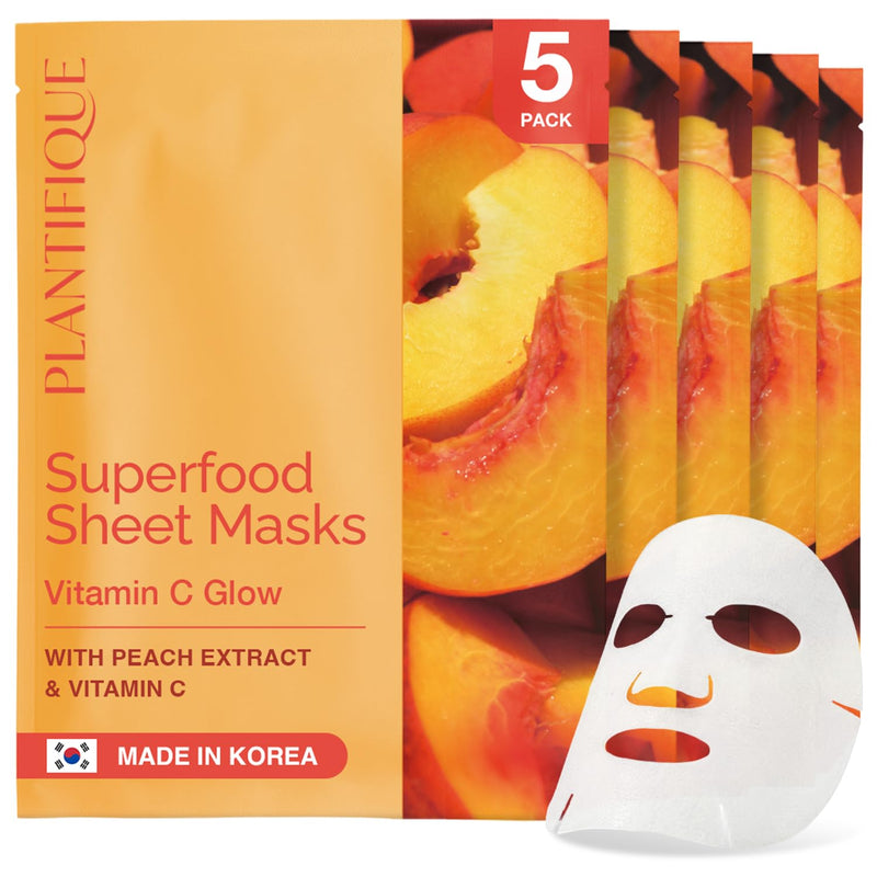 PLANTIFIQUE Korean Sheet Mask, 5 Pack - Glowing & Rejuvenating | Hydrating Face Masks Skincare with Peach Extract, Vitamin C & Hyaluronic Acid - Mascarillas Faciales Vitamin C Glow 1 Count (Pack of 5)