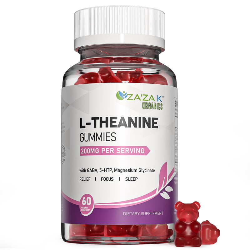 [Australia] - ZA'ZA K ORGANICS L-Theanine 200mg Gummy, L Theanine Supplement Gummies with GABA, 5-HTP & Magnesium Glycinate for Adults and Kids, Stress & Focus Support, Vegan Peach Flavor, 60 Chewable 