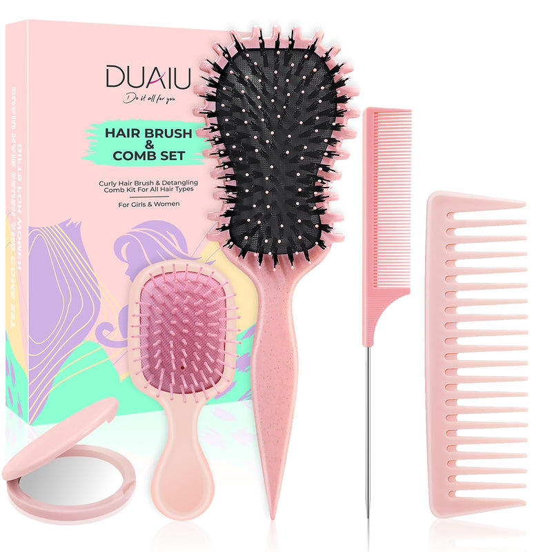 DUAIU 5Pcs Hair Brush Set, Curl Defining Brush for Detangling, Boar Bristles Paddle Brush and Wide Tooth & Rat Tail Comb Set with Travel-Sized Mirror, Hair Style Care Gift Kit for Women Men Kids(Pink) Pink