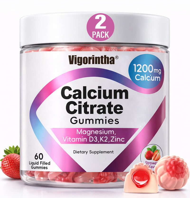 Calcium Citrate Gummies 1200mg with Magnesium,Vitamin D3, K2, Calcium Supplements for Women & Men- Easy to Digest, Vegan, Gluten Free,Sugar Free- Strawberry Flavor, 120 Calcium Gummies 60 Count (Pack of 2)