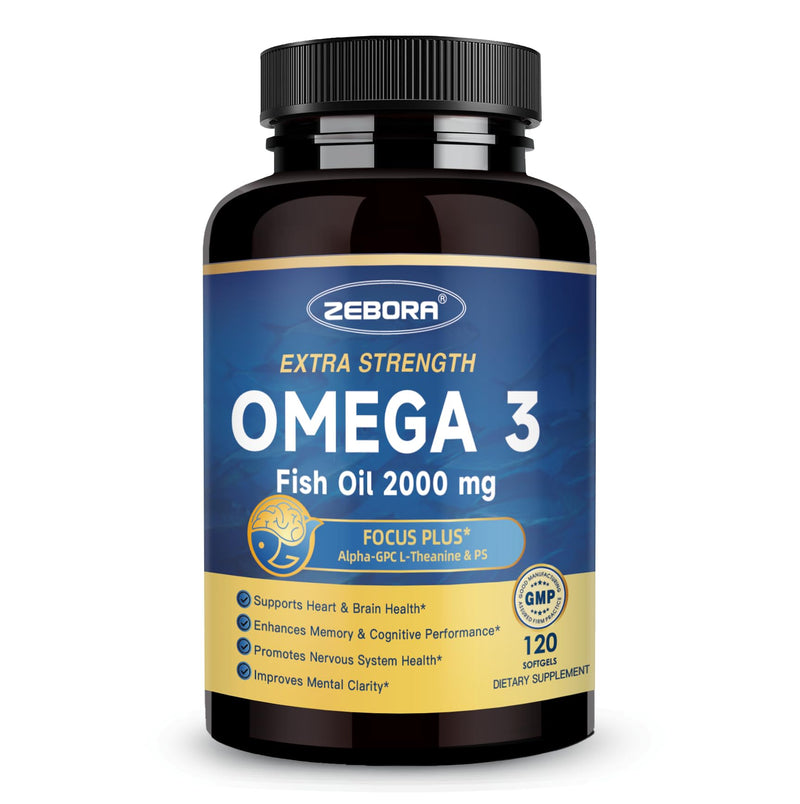 ZEBORA Omega-3 Fish Oil 2000mg with Alpha-GPC & PS, 120 Softgels | High Potency DHA and EPA, Supports Brain, Cognition, and Heart Health, Sustainably Sourced Fish Oil Softgels 120 Count (Pack of 1)