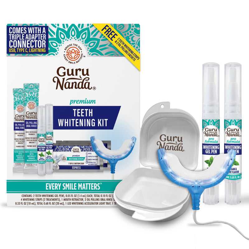 [Australia] - GuruNanda Premium Teeth Whitening Kit with Wired LED Light & Whitening Pen, Works with iPhone & Android, Helps Remove Surface Stains from Coffee, Food, Soda 