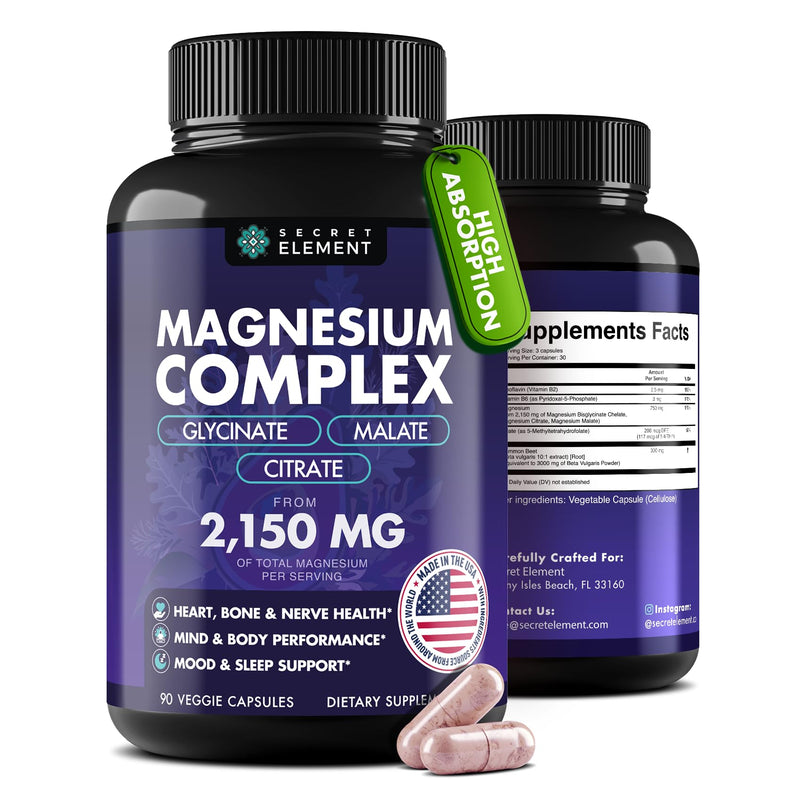 Magnesium Complex 2,150MG, High Absorption Capsules with Magnesium Glycinate, Citrate & Malate, Plus Vitamin B6, B2, Folate & Beet Root, Vegan, Non-GMO, No Artificial Additives, 90 Capsules 90 Count (Pack of 1) Unflavored