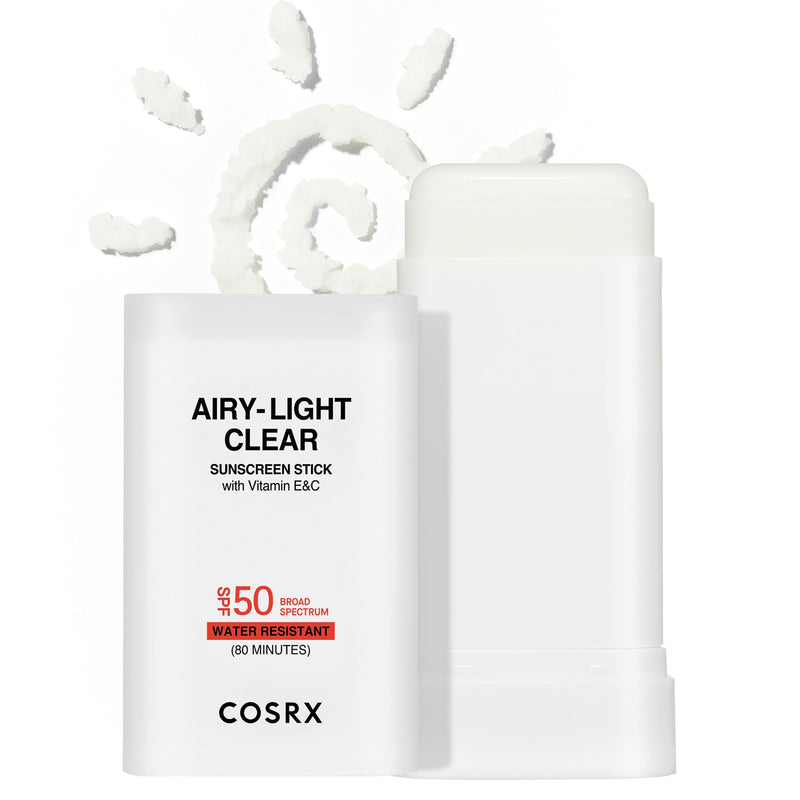 COSRX Airy-Light Clear Sunscreen Stick with Vitamin E&C, SPF 50, 0.67 oz | Korean Suncreen Stick Suncare Sunblock, Lightweight, No White Cast, Water resistant, Oil Control Matte Sunscreen for Face Vitamin E&C Sunscreen Stick (1 Pack)