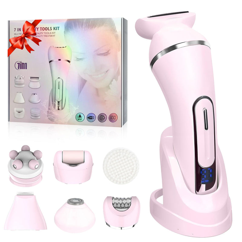[Australia] - 3.0 Women Face Epilator, 7-in-1 Rechargeable Facial Hair Remover with LED Battery Display, Facial Shaver for Face, Eyebrow, Nose Trimmer (Pink) Pink 