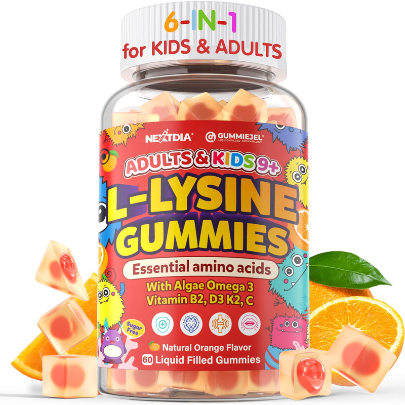 [Australia] - L-Lysine Gummies 500/1000mg with Algae Omega 3, Vitamin B2, D3, K2, C for Kids 9+, Teen & Adult, Lysine Supplement Support Immune, Lip & Oral, Collagen Production, Brain, Bone Health, Sugar Free 1Pack 