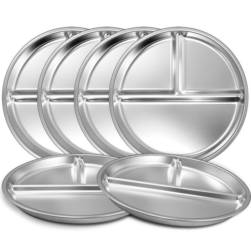 [Australia] - EWFEN Stainless Steel Toddler Plate Set of 6, 9" Portion Control Plates Divided Plate for Adults Kids Balance Lunch, Non Slip | Unbreakable Toddler Baby Feeding Set Dishwasher Safe 