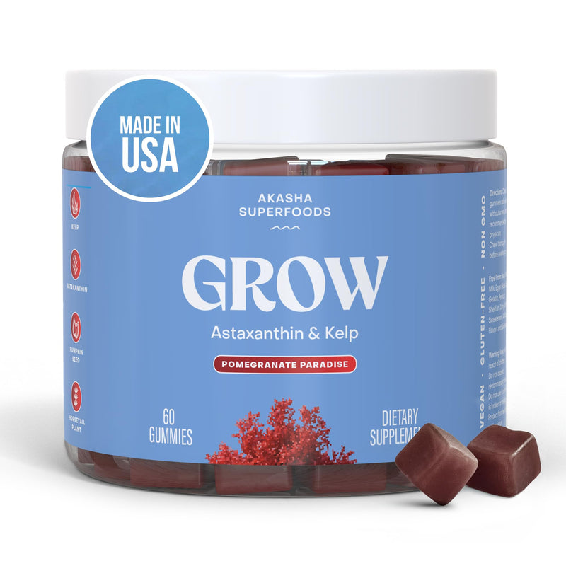 Akasha Superfoods Grow Hair & Beauty Gummies, Zinc & Astaxanthin, 60ct | Plant-Based with Vitamin E, Kelp & Pumpkin Seed; Gluten Free, Vegan, American Made; For Women & Men