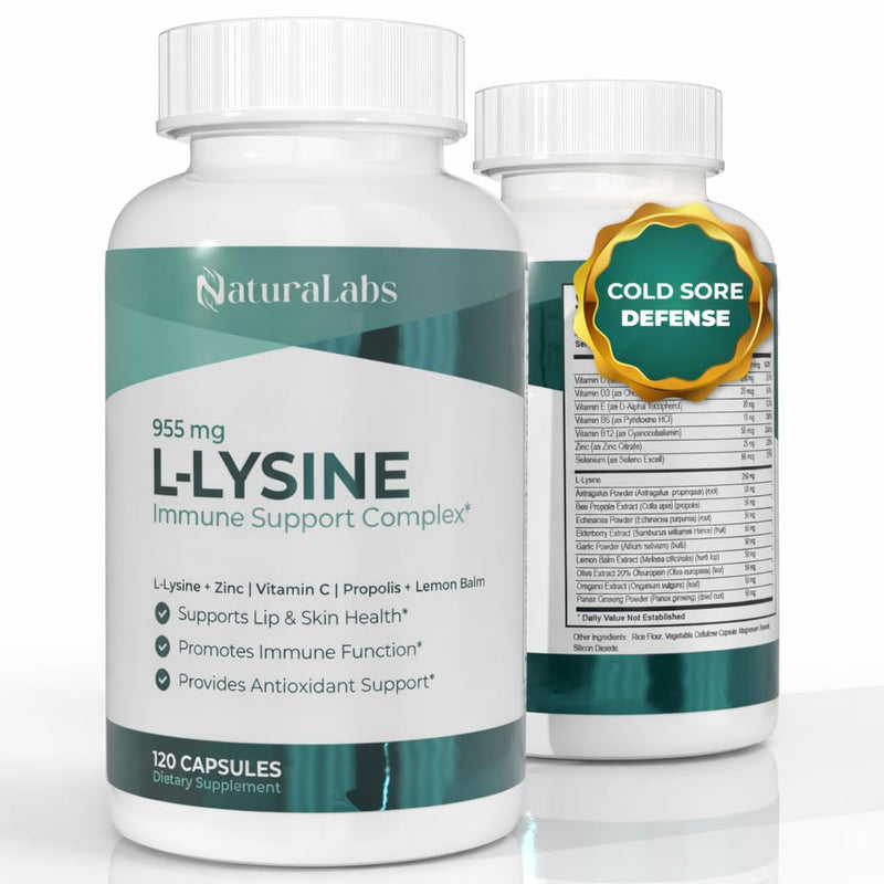L-Lysine Cold Sore Immune Support Complex – 9 in 1, Vitamin C, Zinc, 120 Ct | Lip & Skin Health, Antioxidant Immune Support, Bee Propolis, Lemon Balm Herbal Extract
