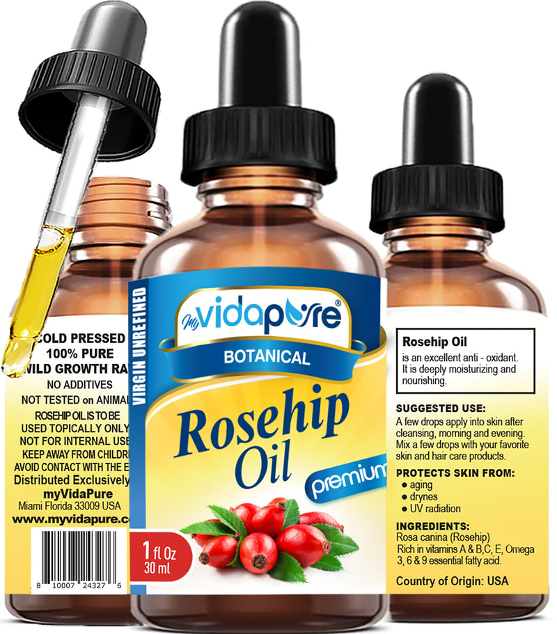 Rosehip Oil Vitamin A, Vitamin C, Vitamen E for Wrinkles, Scars, Stretch Marks, Face, Body, Hair, Lip Care. (1 Fl Oz) 1 Fl Oz (Pack of 1)