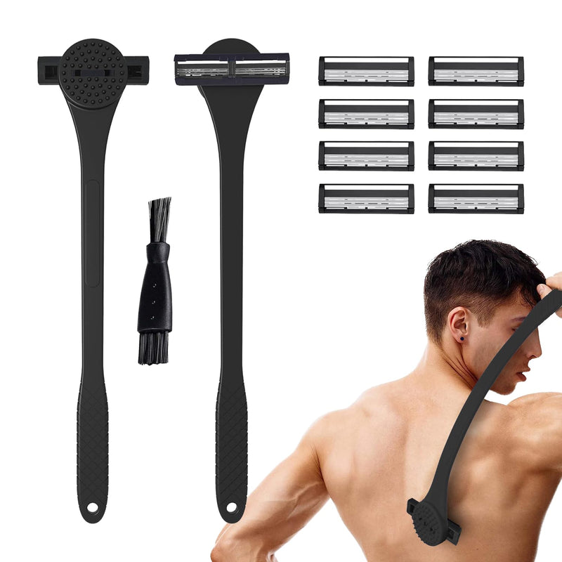 [Australia] - 18" Back Shaver & Scrubber for Men – 2-in-1 Pain-Free Grooming Tool with Long Handle (46cm), Built-In Scrubber, Wet or Dry Use – Includes Compact Box (23x8x8cm) (BLACK) BLACK 