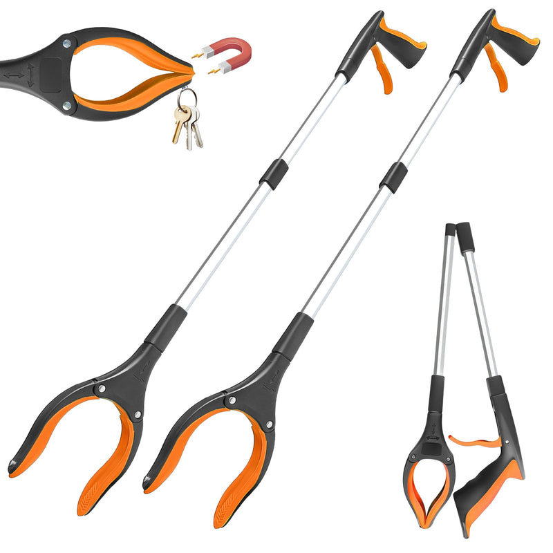[Australia] - 32" Grabber Reacher Tool, 2-Pack Foldable Reacher Grabber Pickup Tool with 360° Anti-Slip Rotating Jaw & Magnet, Mobility Aid Reaching Assist Tool for Trash Pick Up, Lightweight Grabber Tool Orange - 2 Pack 