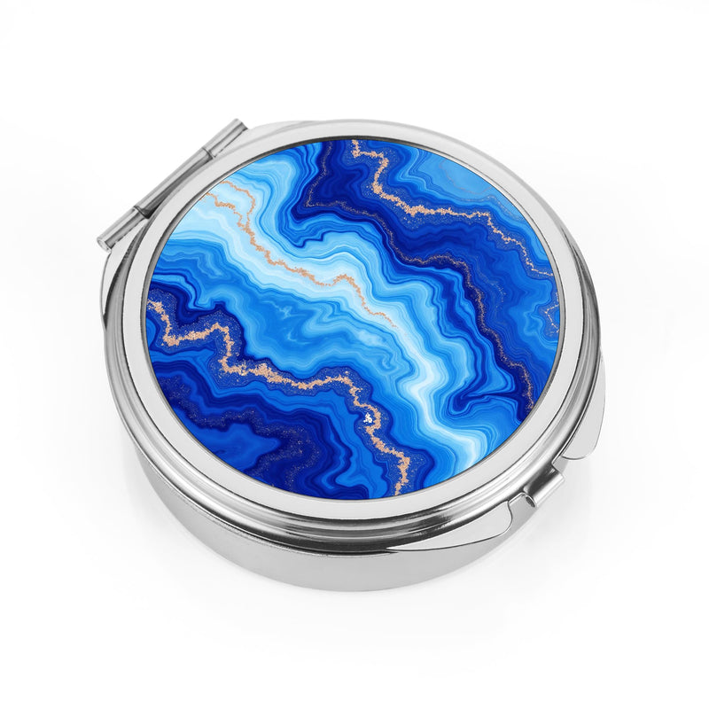 Pill Case Pill Box with Mirror Pocket 3 Compartment Medicine Case Vitamin Pill Organizer for Pocket Purse and Travel (Round, Silver-Blue Marble Pattern) Blue Marble Pattern