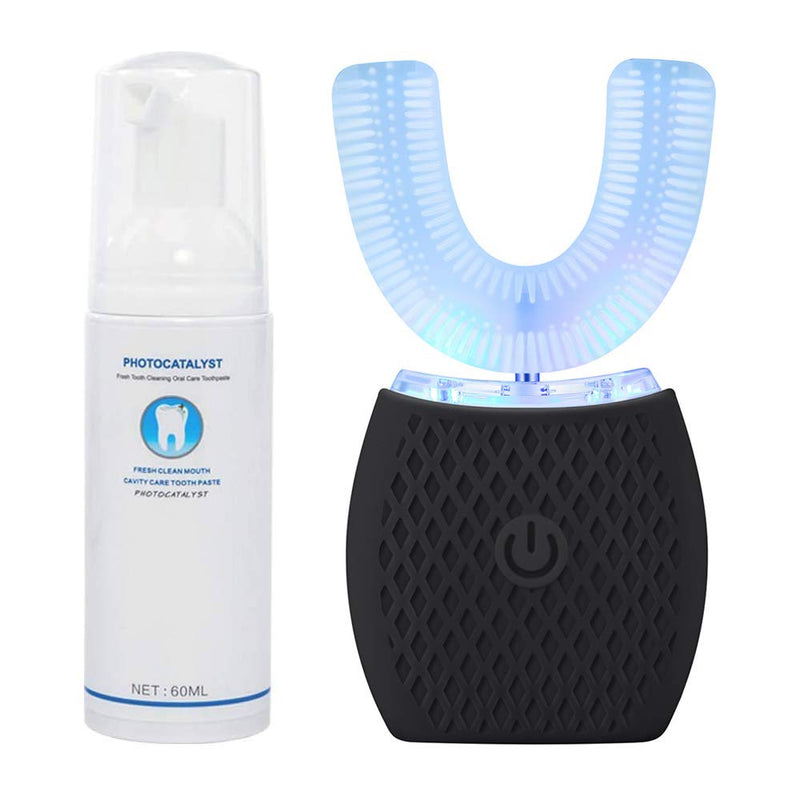 Maybuy Ultrasonic Automatic Toothbrush, Ultrasonic U-Shaped Toothbrushes for Adult, 360° Electric Sonic Tooth Brush with Automatic Timer, Wireless Charging Teethbrush Kit for Travel Or Home (Black)